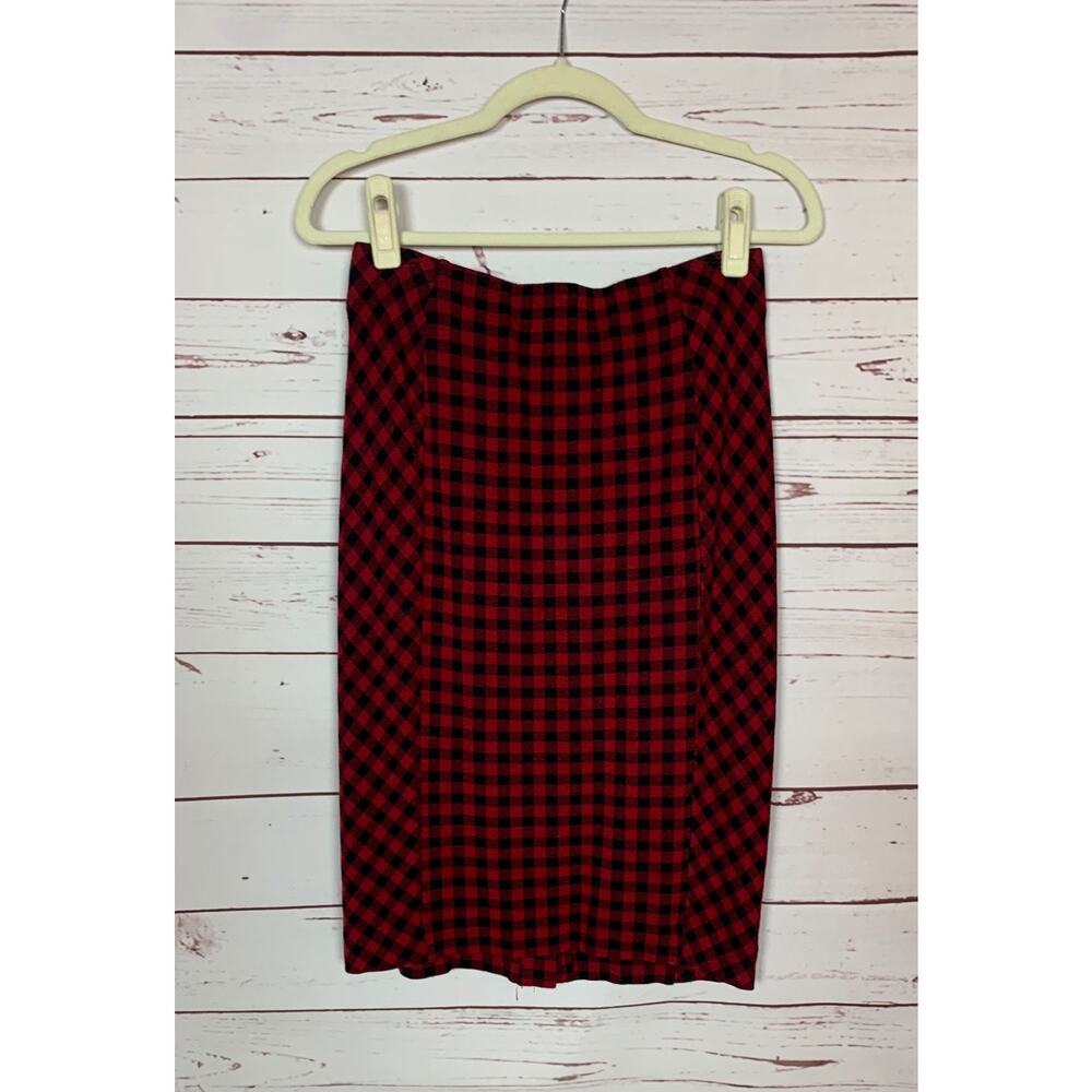 J.Jill Women's XSP Extra Small Petite Red Black Gingham Plaid Knit Pull On Skirt